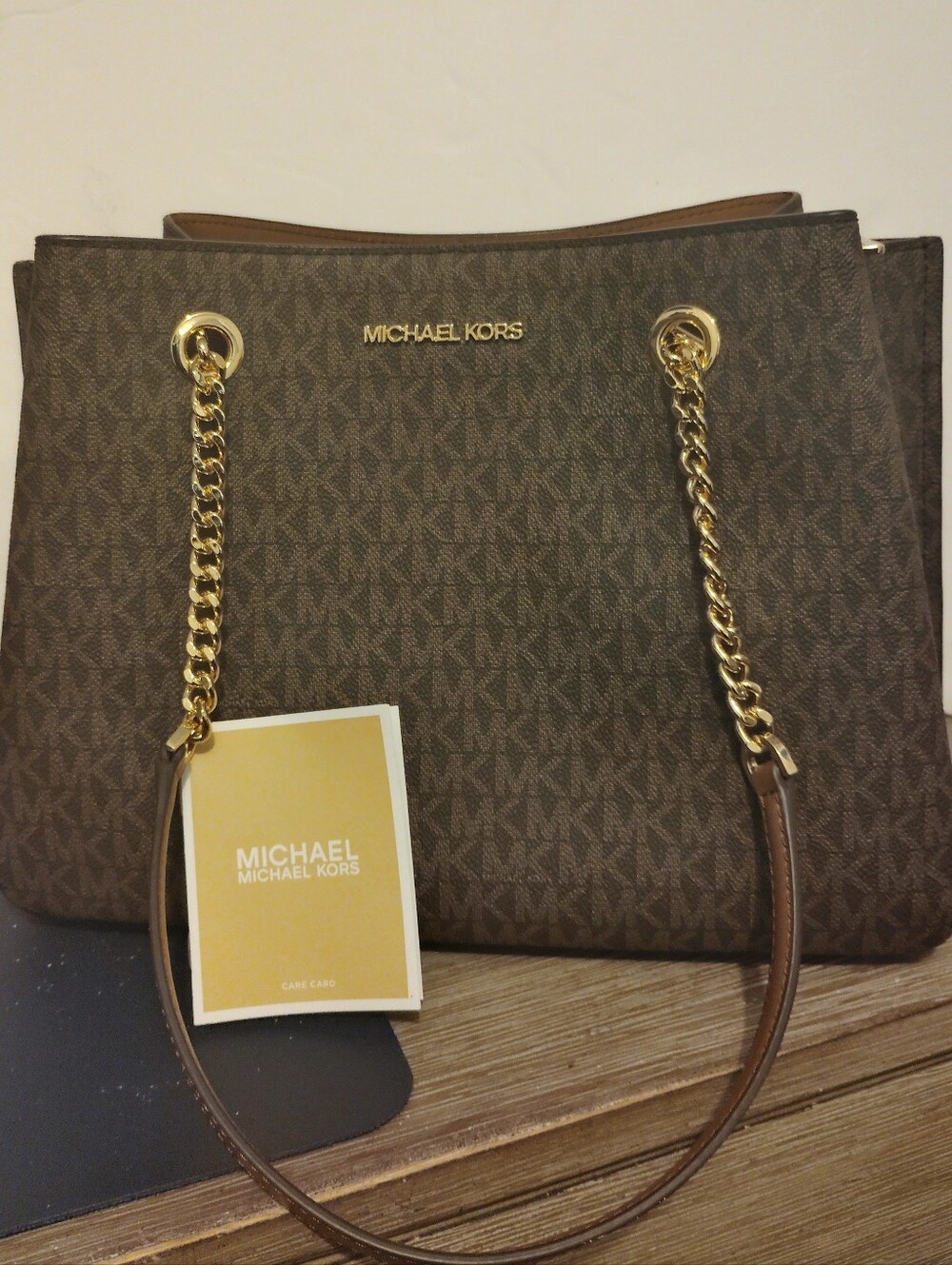 Michael Kors Teagan Brown Signature Chain-Handle Shoulder Bag
